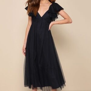 NWT Lulus - Perfect Invite Midnight Blue Swiss Dot Tie-Back Midi Dress L